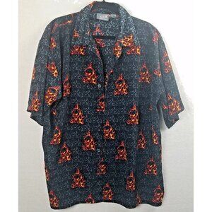 Vintage‎ Y2K Flames Skull Shirt Men’s XL 90s Button Up Emo Black Breakdown